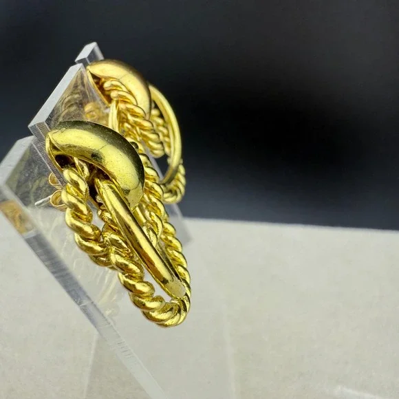 Vintage Gold Tone Hoop Rope Twist Dangle Earrings Signed OS 964 - Picture 5 of 7